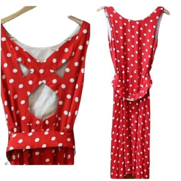 Studio LA Vintage Red & White Polka Dot Belted Pin Up Open Back Dress 10 - Picture 1 of 16